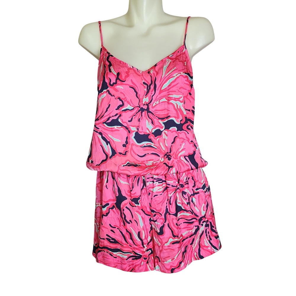 Lilly Pulitzer Floral Romper Womens Medium Pink Blue Sleeveless Elastic Waist